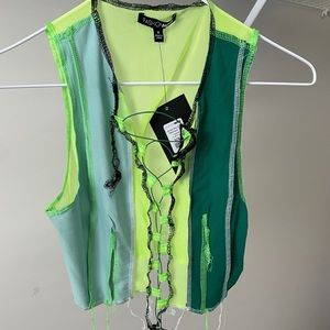 Distressed mesh multi-green crop top